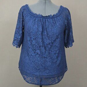 MIHOLL Women’s Blue Floral Lace Blouse Scoop Neck Short Sleeve Top Size XL NWT